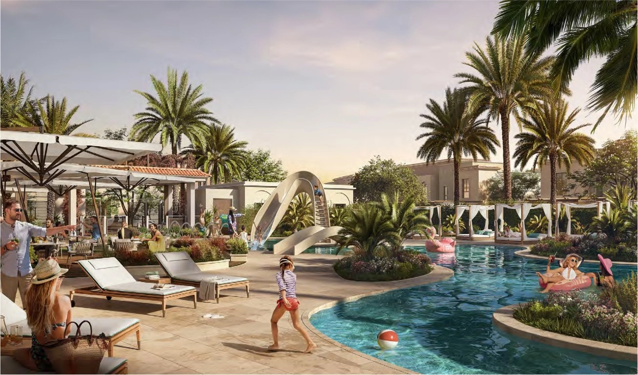 Community parks, walking trails, and shaded play areas at Yas Park Views